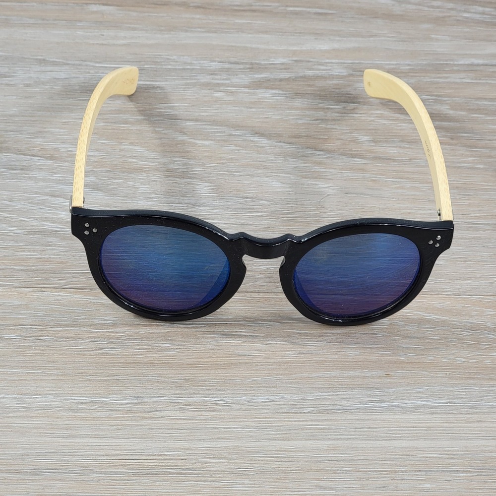 TreeHut.co WPB4023 Sunglasses Black Round Frame Blue Mirrored Bamboo Wood Arms